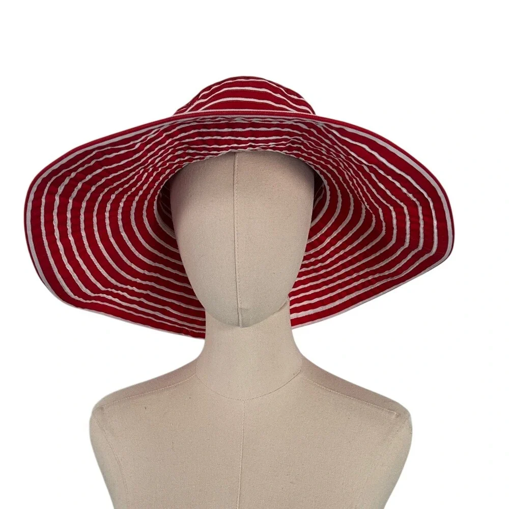 San Diego Hat Co Womens Red‎ White Striped Wide Brim Sun Hat Ribbon Bow O/S